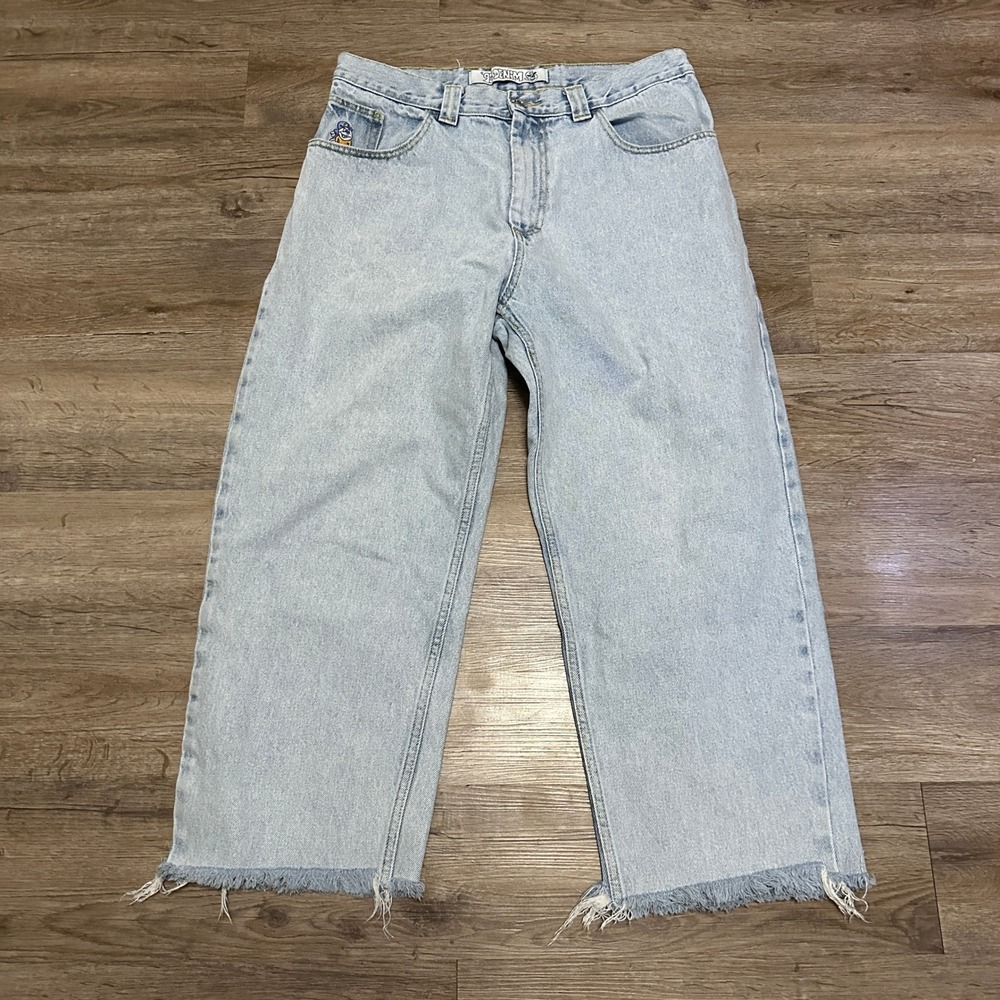 Polar Skate Co 93 Denim Light Wash Baggy Jeans Frayed Hem Blue 31x23.5
